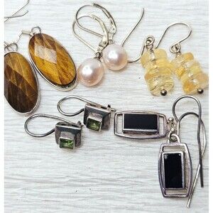 5 PR 925 Sterling Earrings Pink Pearl Blk Onyx TigerEye Peridot Citrine